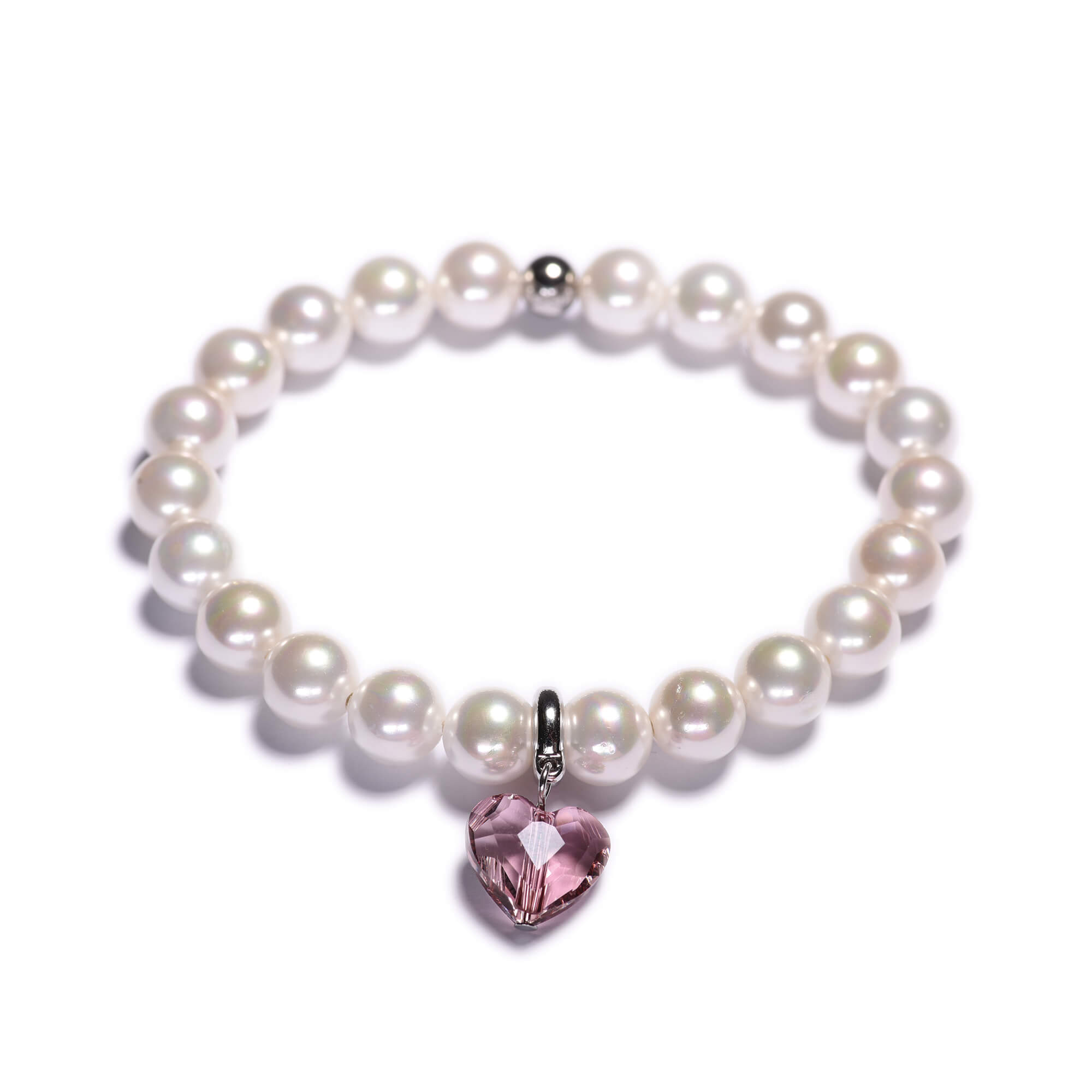 Dámský perlový náramek - bílé shell perly, Swarovski přívěsek ve tvaru srdce